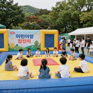 울산대공원에서 열리는 어린이날 큰잔치 행사장 전경, 아이들이 체험 부스와 에어바운스를 즐기고 있는 모습