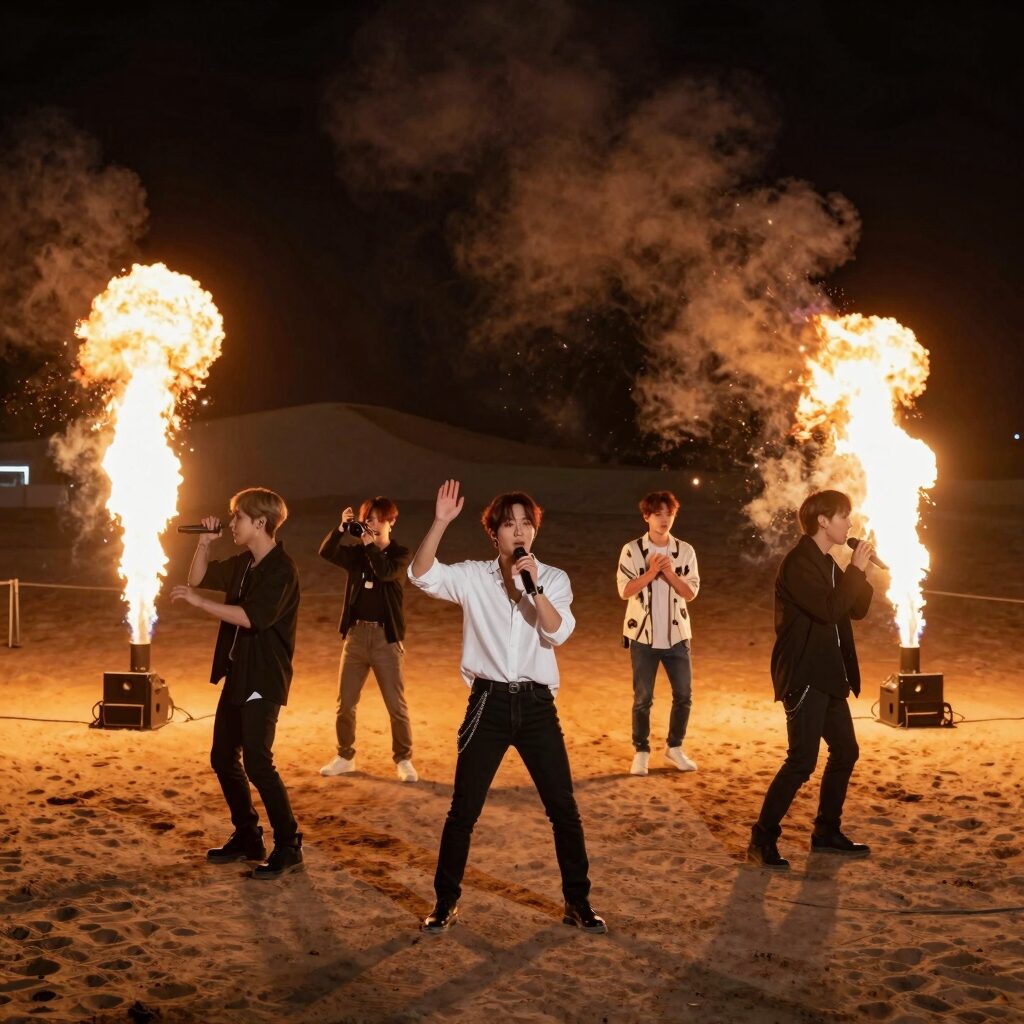 코첼라 사막 야간 무대에서 빅뱅 멤버들이 화려한 조명과 불꽃을 배경으로 퍼포먼스를 선보이는 모습