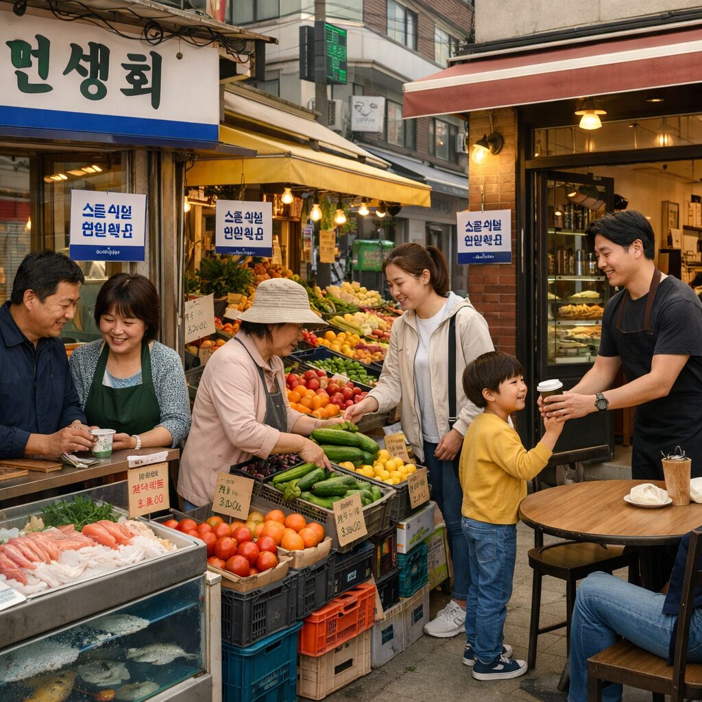 민생회복 소비쿠폰 사용 가능한 동네 가게들 일러스트