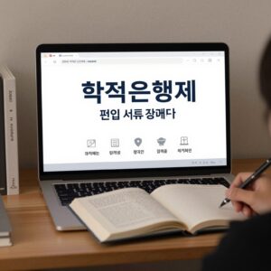 학점은행제 온라인 강의 인터페이스와 편입 서류 준비물이 놓인 책상