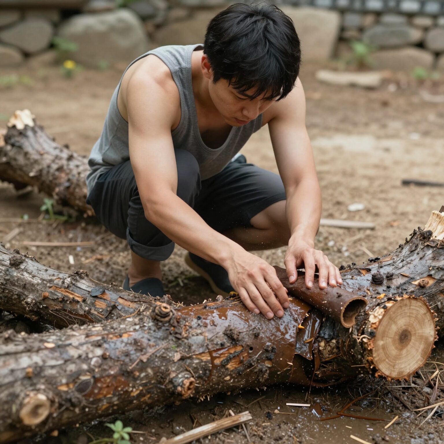 데친 후 푸르러진 가죽나무순을 체에 받쳐 물기를 빼는 모습