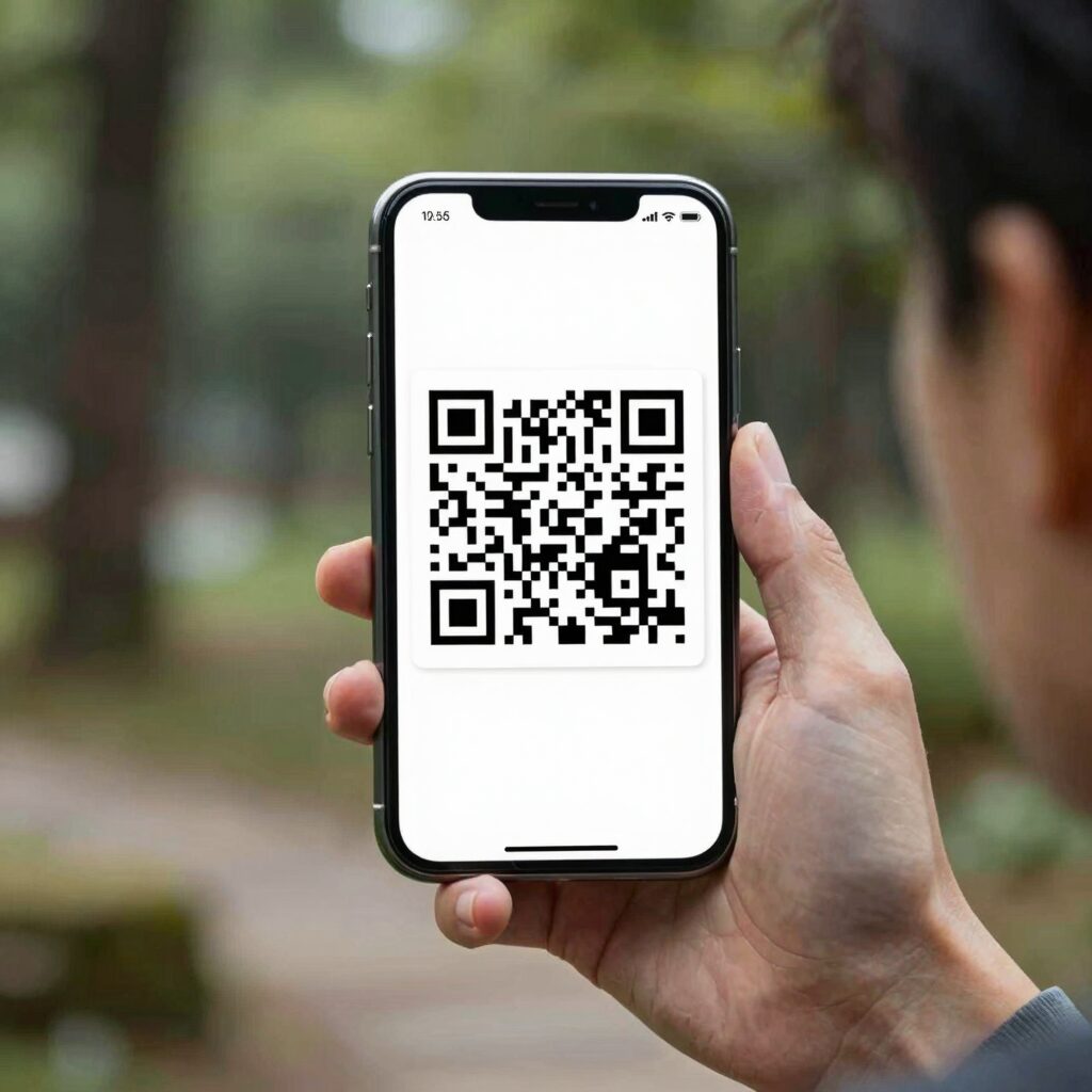 스마트폰으로 제품의 QR 코드를 스캔하여 디지털 제품 여권 정보를 확인하는 모습