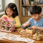 초등학생이 플레이 마이룸 종이집과 스마티비티 오르골 키트를 만드는 모습