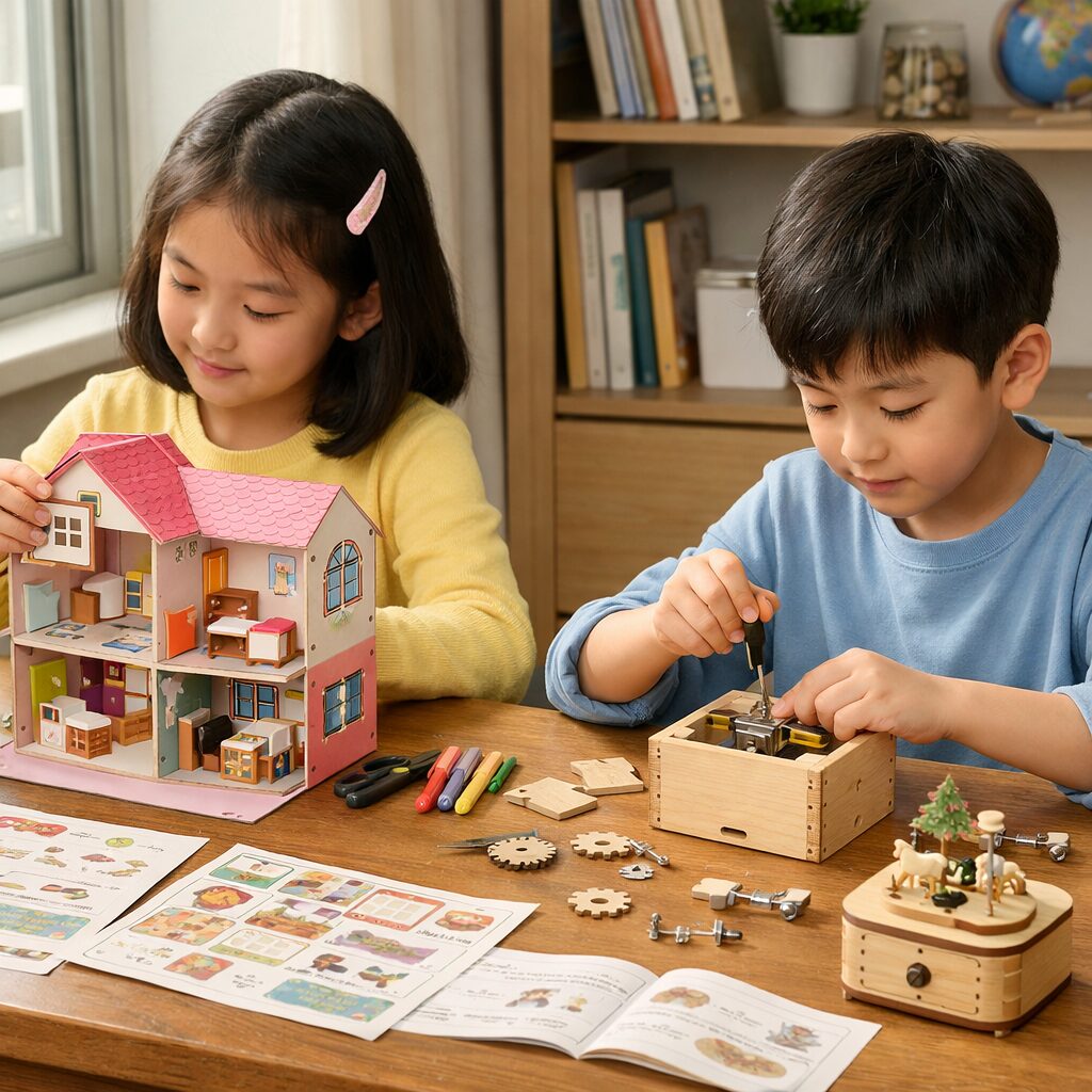 초등학생이 플레이 마이룸 종이집과 스마티비티 오르골 키트를 만드는 모습