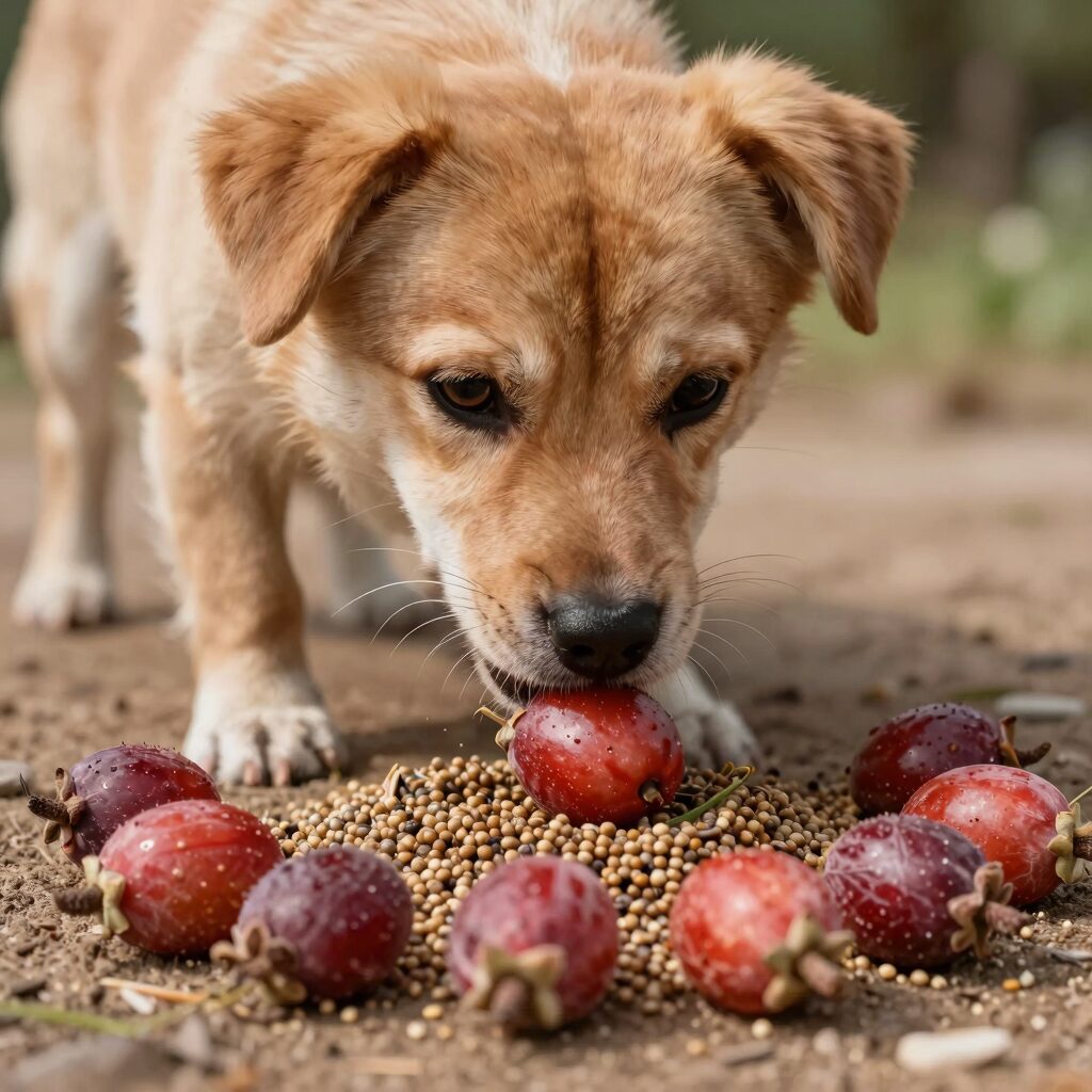 강아지가 참외 과육을 작게 잘라 먹는 모습, 씨와 껍질이 제거된 안전한 급여 예시