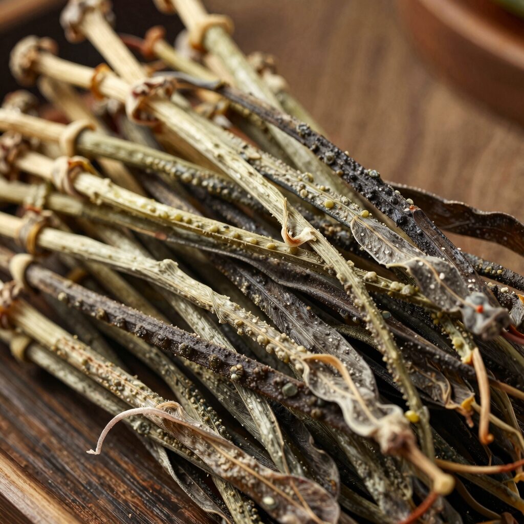 말린 건고사리와 생고사리를 나란히 놓은 사진