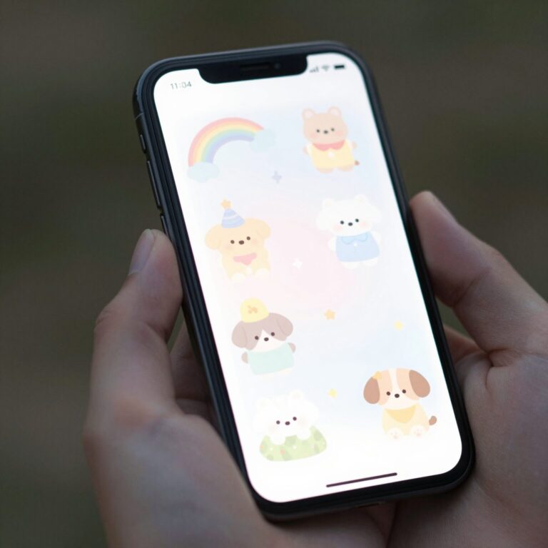 파스텔톤의 기맘 듀 가나디 카톡테마가 적용된 스마트폰 화면, 귀여운 캐릭터와 부드러운 색감이 돋보임