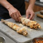 손질된 두릅과 튀김 재료가 준비된 주방 조리대