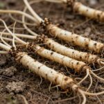 산속에서 자연 건조 중인 야생 엉겅퀴 뿌리와 줄기 사진