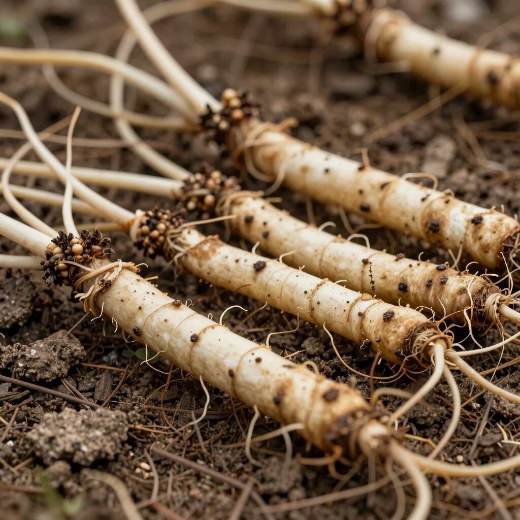 산속에서 자연 건조 중인 야생 엉겅퀴 뿌리와 줄기 사진