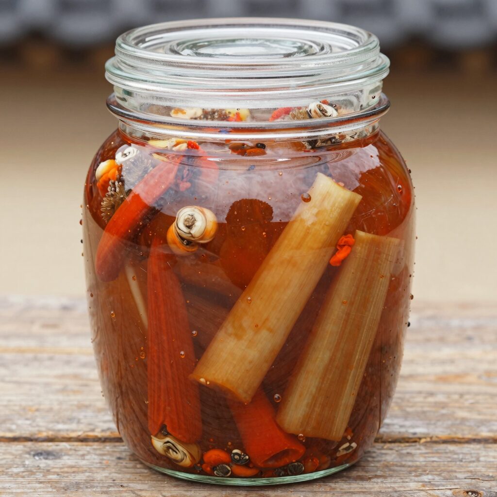 완성된 엄나무순 장아찌가 담긴 유리병