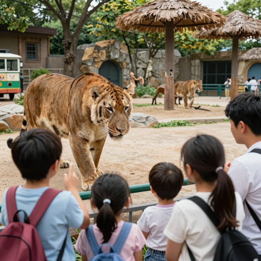 어린이날 에버랜드에서 가족이 사파리 트램을 타고 호랑이를 구경하는 모습