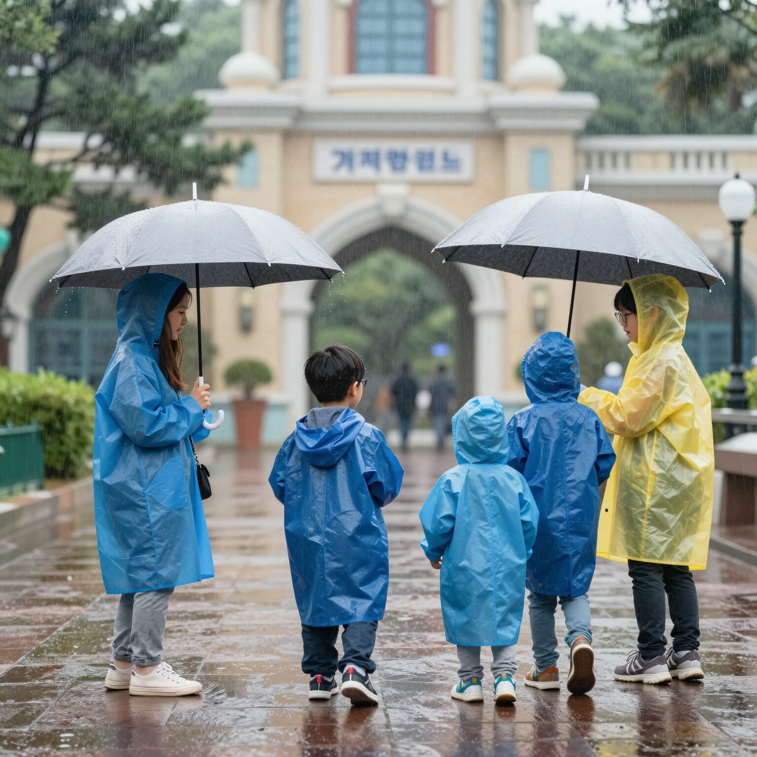 비 오는 어린이날 에버랜드에서 우비를 입고 아마존 익스프레스를 즐기는 가족 모습