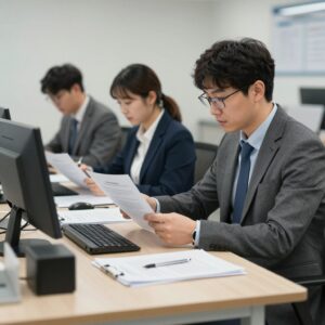 아웃소싱 기업 관계자들이 공정수당 도입으로 인한 인건비 구조 변화를 분석하기 위해 계약서와 비용 자료를 검토하는 모습. AI 생성 이미지.