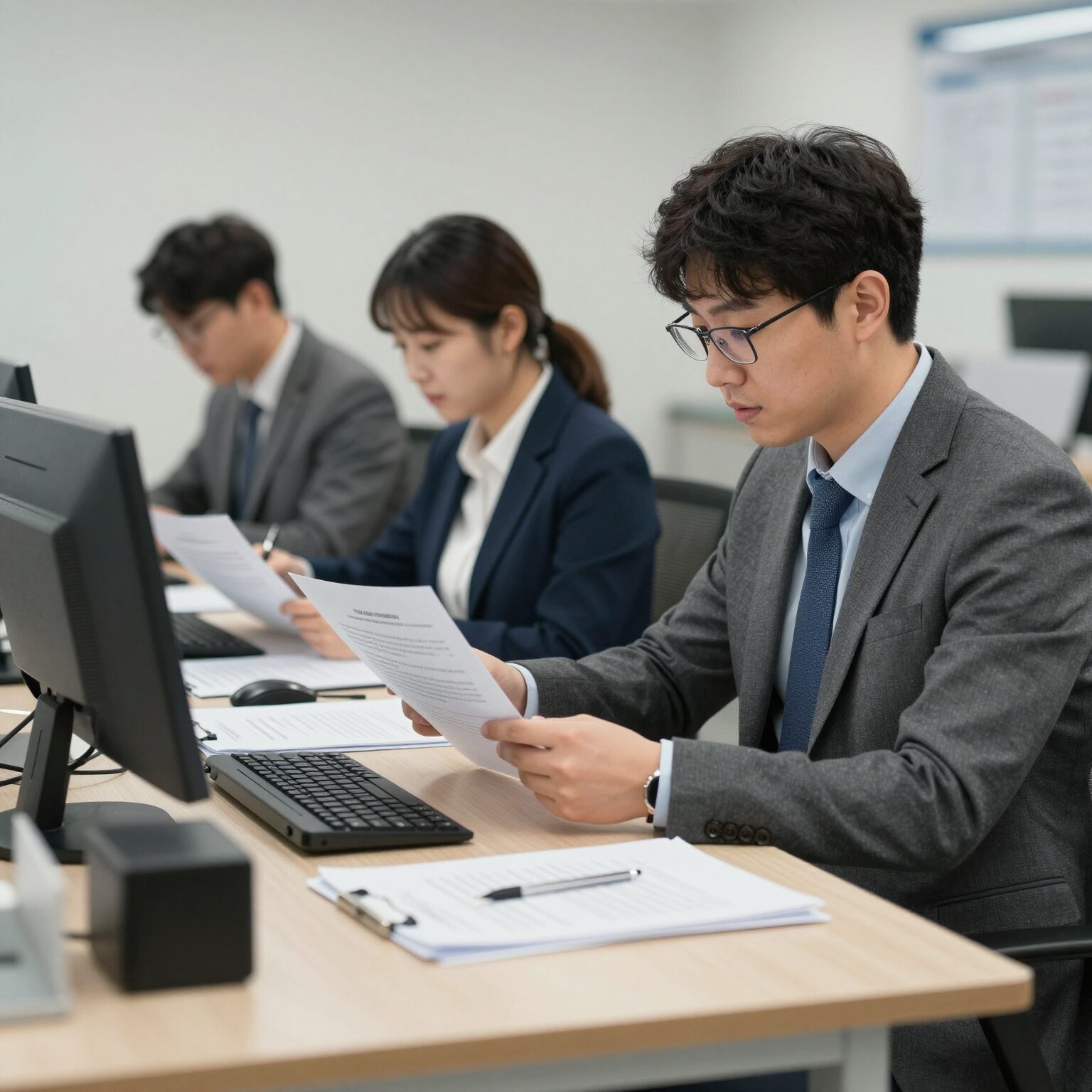 아웃소싱 기업 관계자들이 공정수당 도입으로 인한 인건비 구조 변화를 분석하기 위해 계약서와 비용 자료를 검토하는 모습. AI 생성 이미지.