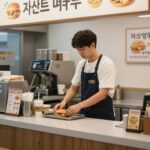 패스트푸드 매장의 카운터에서 직원이 서 있는 모습