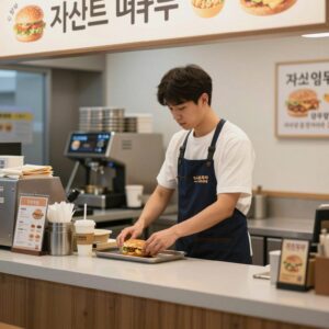 패스트푸드 매장의 카운터에서 직원이 서 있는 모습