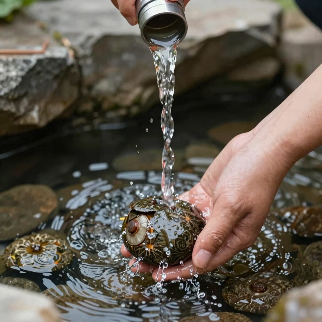신선한 돌나물을 흐르는 물에 세척하는 과정