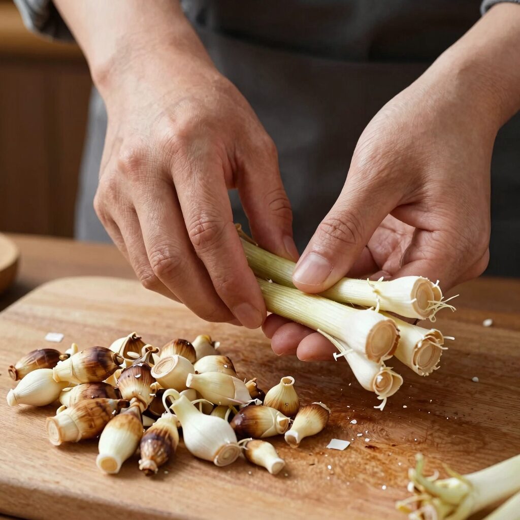 신선한 햇마늘종을 손질하는 과정으로 꽃봉오리 부분을 자르고 먹기 좋은 길이로 썰어놓은 모습