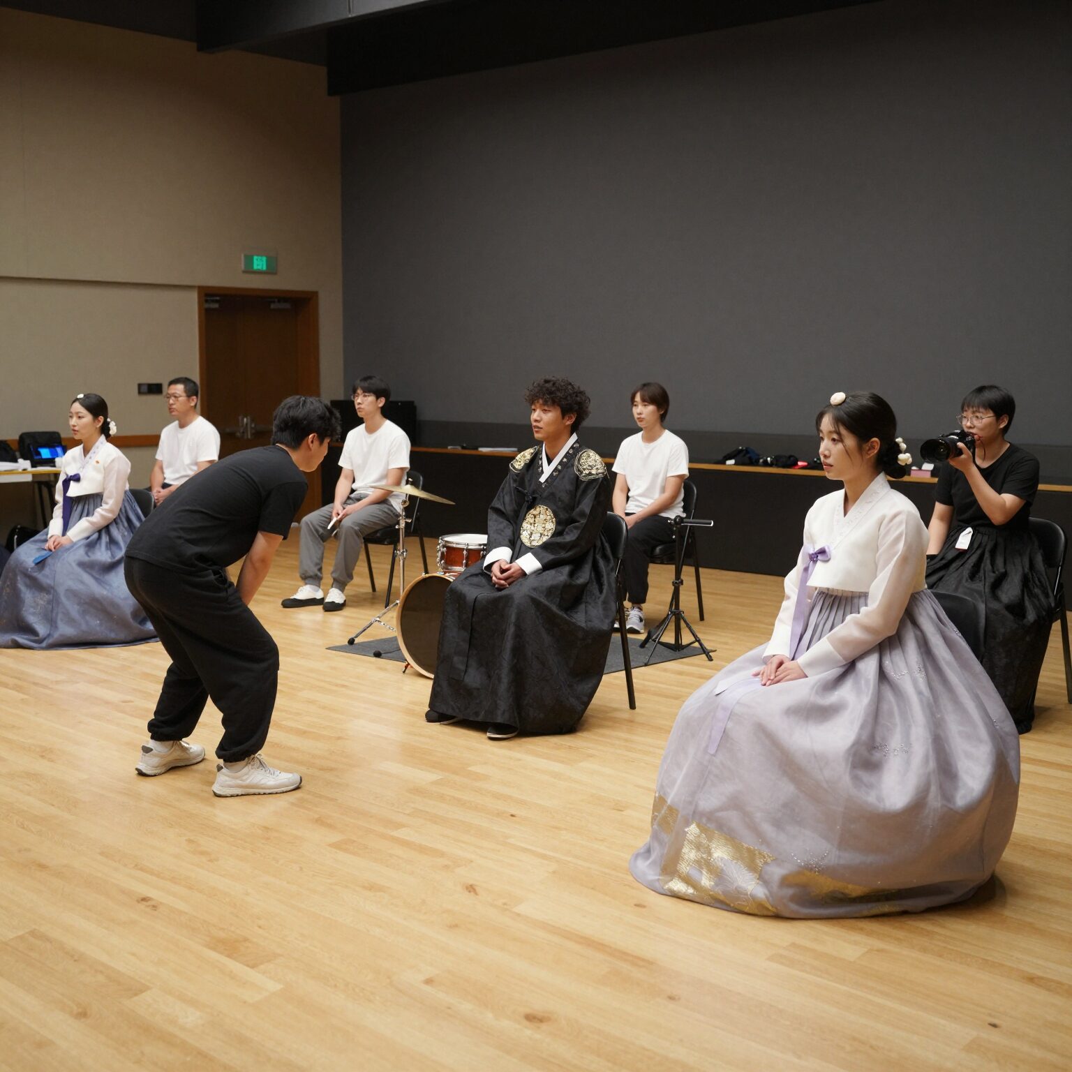 가요무대 출연진 대기실에서 리허설 준비하는 모습, 무대 의상과 악기가 정돈되어 있다