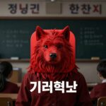 넷플릭스 기리고 메인 포스터에 등장하는 붉은 기리고 앱 아이콘과 어두운 학교 배경
