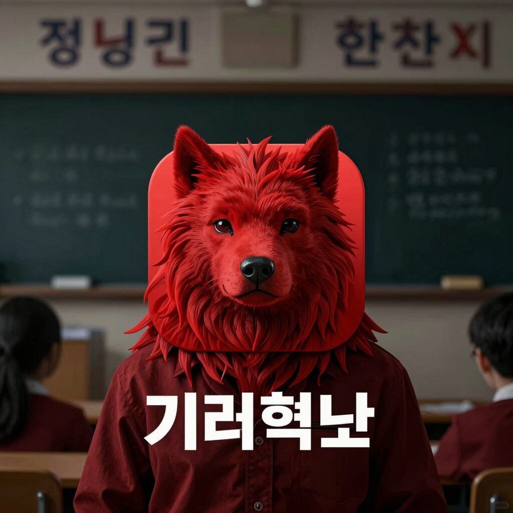 넷플릭스 기리고 메인 포스터에 등장하는 붉은 기리고 앱 아이콘과 어두운 학교 배경