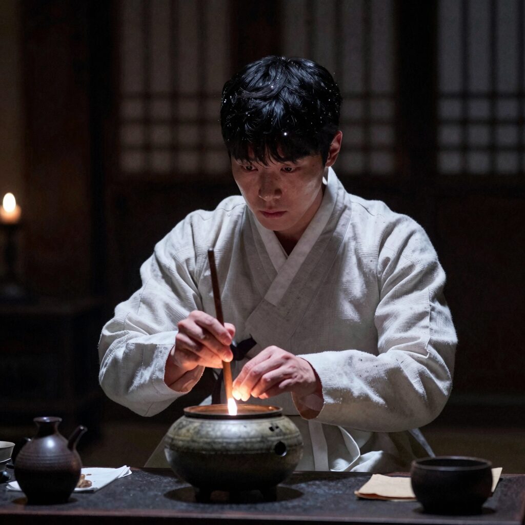 넷플릭스 기리고에서 전소니 배우가 신내림을 받은 무당 햇살 역으로 등장하는 장면. 어두운 방 안에서 저주를 풀기 위해 주술을 걸고 있다.