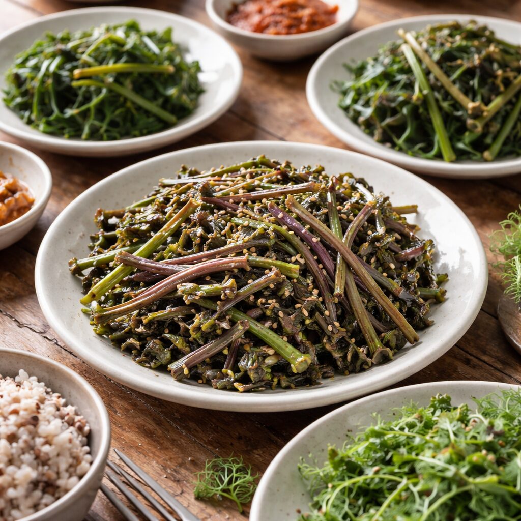 푸른색 고비나물이 접시에 담겨 있으며, 옆에 다른 봄나물들과 함께 건강한 식단을 연상시키는 사진