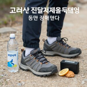 고려산 진달래 축제 등산 준비물 목록으로 운동화, 물, 바람막이, 간식, 보조배터리가 놓여 있음