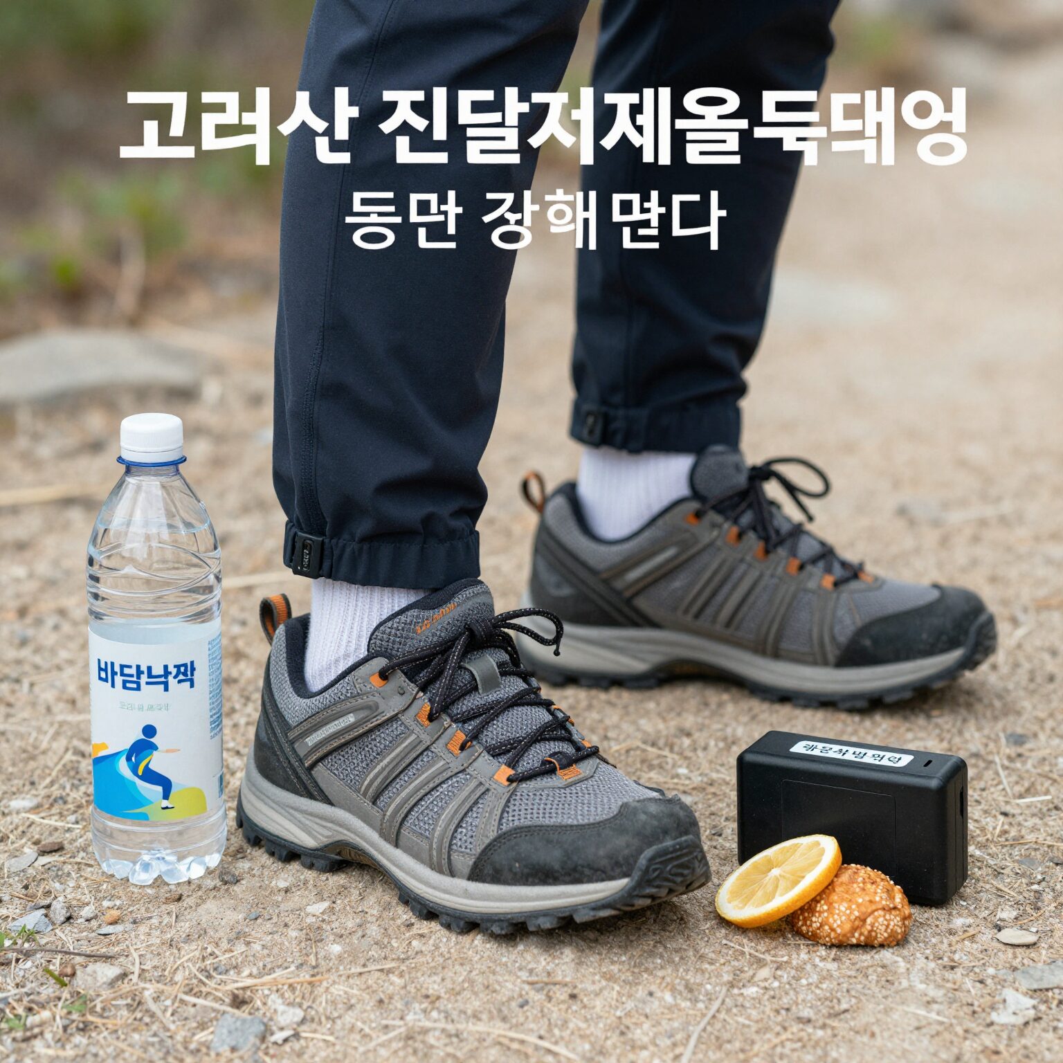 고려산 진달래 축제 등산 준비물 목록으로 운동화, 물, 바람막이, 간식, 보조배터리가 놓여 있음