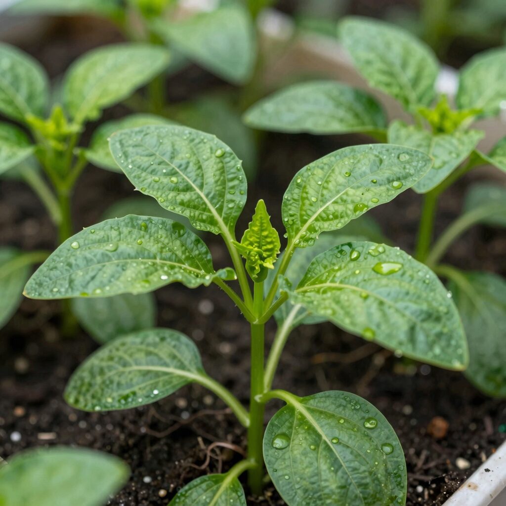 건강한 고추 모종 줄기와 잎 상태 줄기가 단단하고 잎이 진한 녹색이며 윤기가 난다