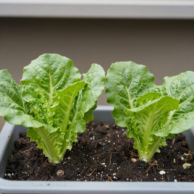 화분에 심겨진 건강한 상추 모종 두 개, 잎이 싱싱하고 줄기가 튼튼함