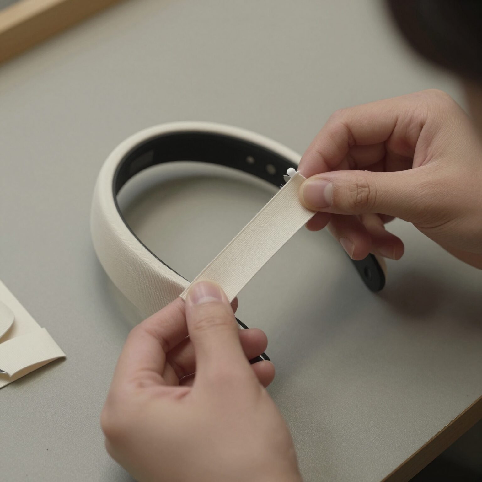 헬렌카민스키 비앙카 머리띠 수선 과정, 부러진 밴드를 분리하고 새 부품을 넣는 모습