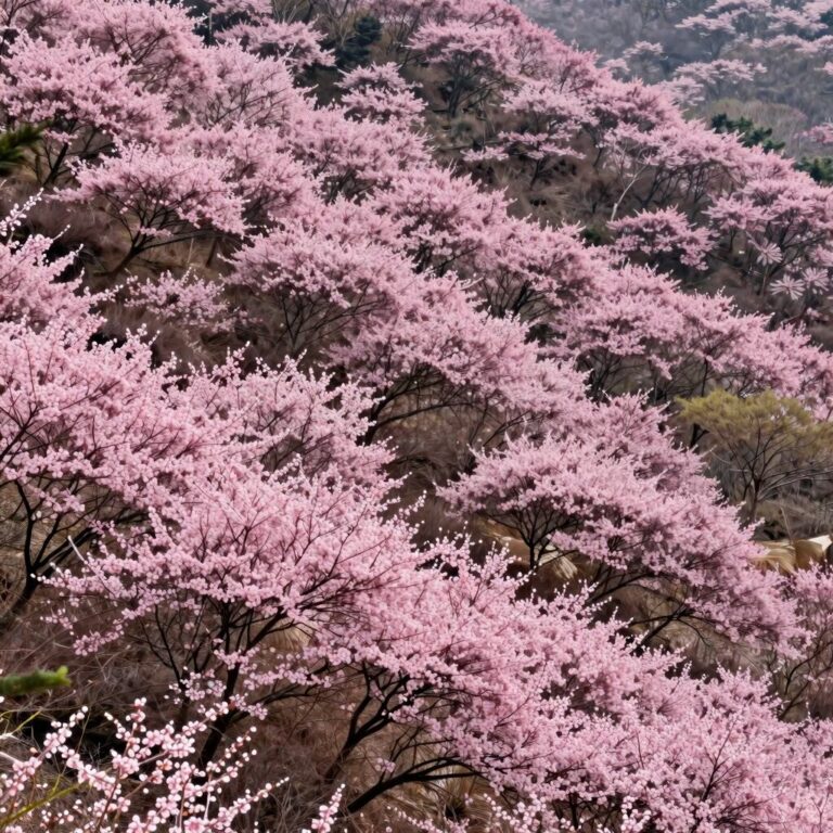 황매산 고원에 펼쳐진 넓은 분홍색 철쭉 군락 풍경