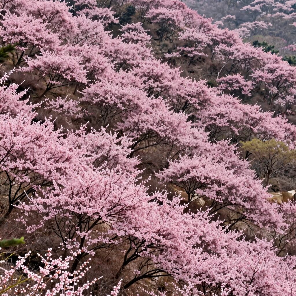 황매산 고원에 펼쳐진 넓은 분홍색 철쭉 군락 풍경
