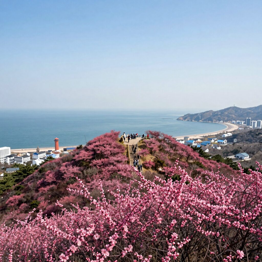 보성 일림산 정상에서 바라본 철쭉 군락과 남해 바다의 파노라마 뷰