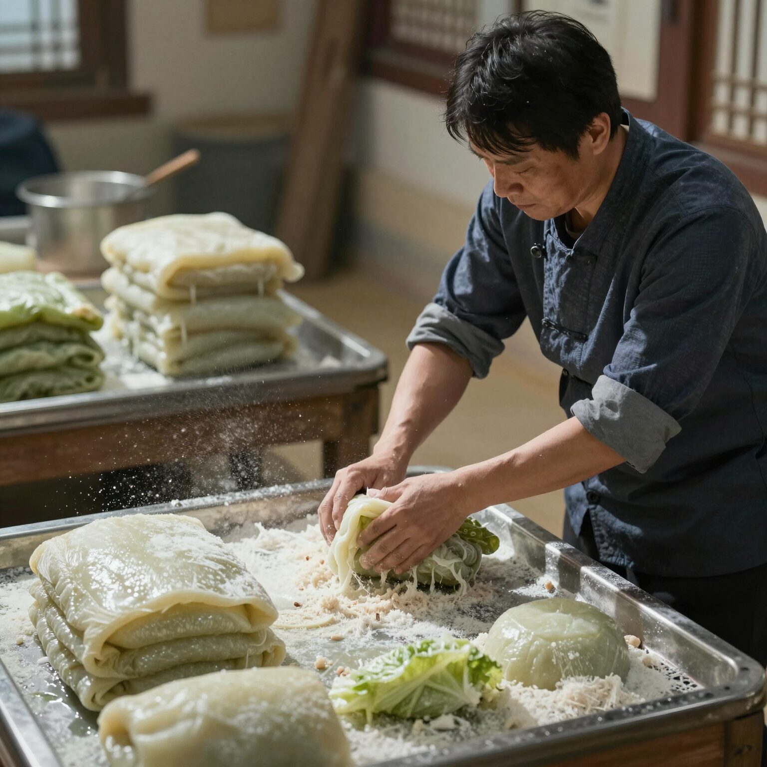 장가르기 과정 중 메주를 건져내는 모습, 부서지지 않게 조심스럽게 두 손으로 건지고 있다