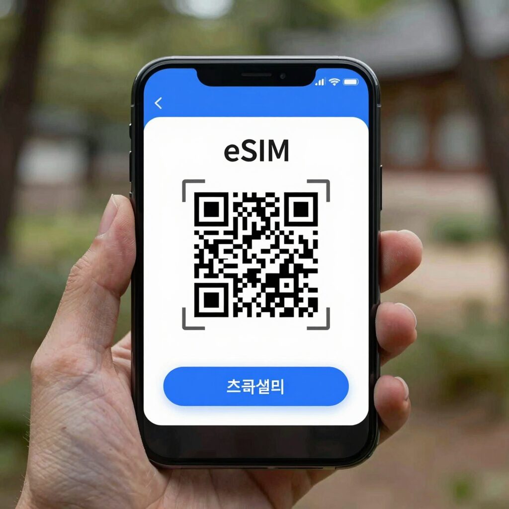 일본 eSIM 설정 화면, QR 코드 스캔 또는 앱에서 바로설치 버튼을 누르는 모습