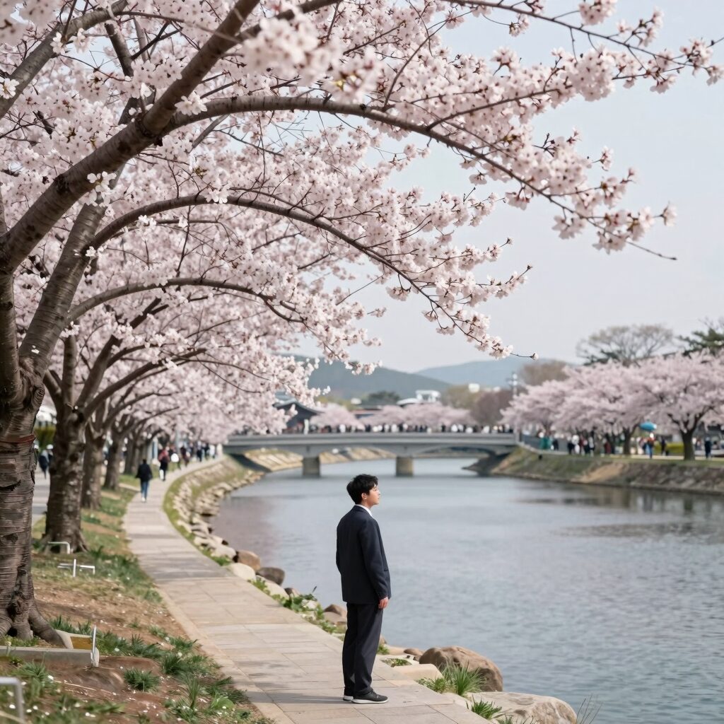 진양호 호반전망대에서 바라본 겹벚꽃과 호수 풍경