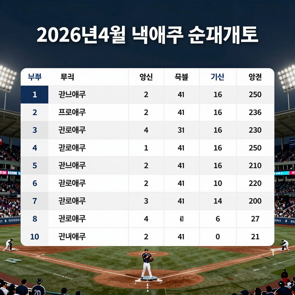 2026년 4월 넷째주 프로야구 순위표를 분석하는 그래프와 함께 야구장 전경이 담긴 사진