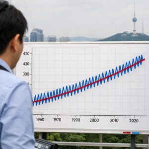 킬링 곡선 그래프, 이산화탄소 농도의 계절적 변동과 장기적 상승 추세를 보여주는 파도 모양의 선
