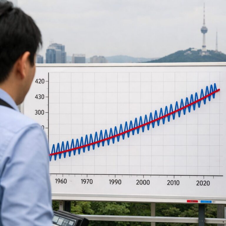 킬링 곡선 그래프, 이산화탄소 농도의 계절적 변동과 장기적 상승 추세를 보여주는 파도 모양의 선