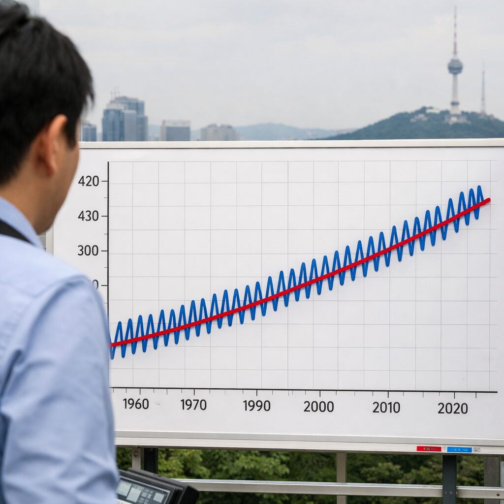 킬링 곡선 그래프, 이산화탄소 농도의 계절적 변동과 장기적 상승 추세를 보여주는 파도 모양의 선