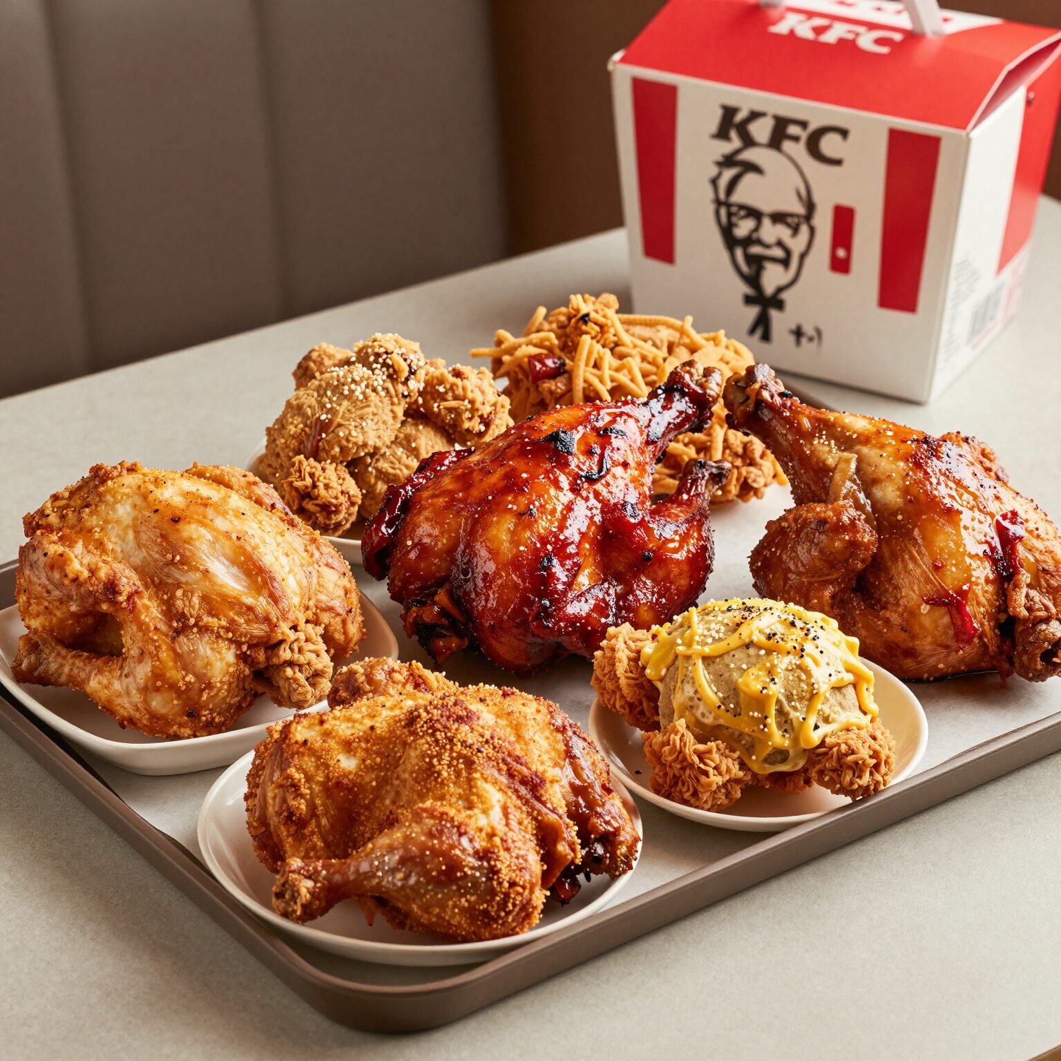 KFC 1+1 행사로 주문한 다양한 치킨 메뉴가 접시에 가득 담겨 있다. 핫크리스피, 갓양념 통다리 등이 보인다.