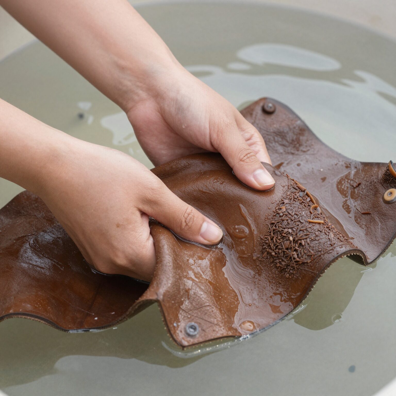 싱싱한 가죽나물을 물에 담가 깨끗이 세척하는 모습