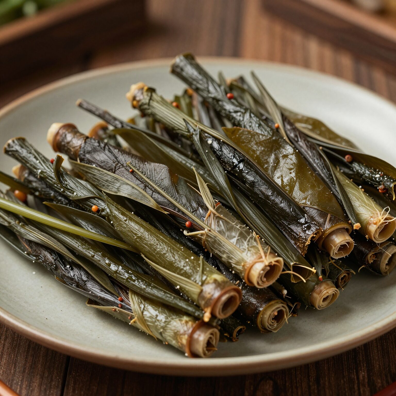 데쳐서 무쳐낸 가죽나물 나물반찬 접시