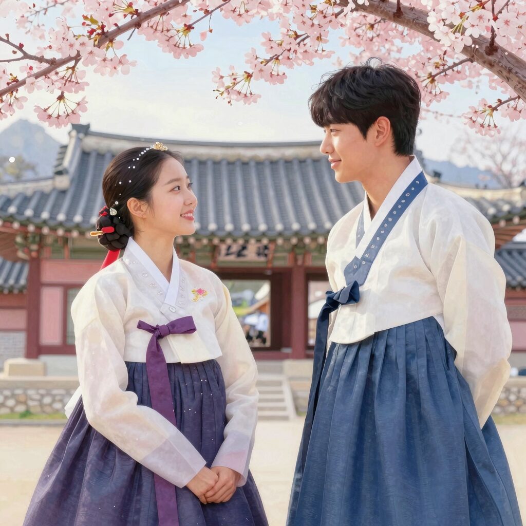 수채화풍으로 표현된 조선 시대 궁궐 정원에서 선비 복장의 유연석과 공주 복장의 이세영이 마주 보고 있는 장면. 두 배우의 부드러운 미소와 애틋한 눈빛이 인상적이며, 배경의 벚꽃과 노을이 로맨틱한 분위기를 더하고 있다.