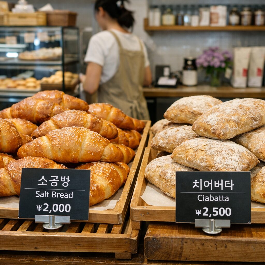 라일락향기 매장에서 판매하는 소금빵과 치아바타 빵 진열 모습