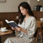 여름 린넨로브 스타일링 사진, 거즈린넨 로브를 입고 카페에서 책 읽는 여성