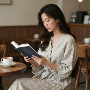 여름 린넨로브 스타일링 사진, 거즈린넨 로브를 입고 카페에서 책 읽는 여성